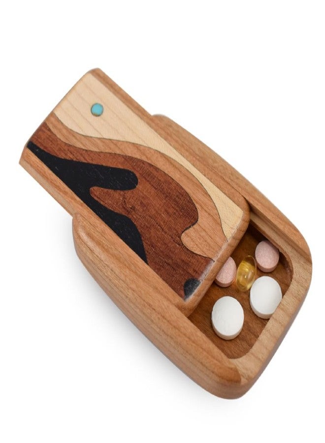 Modern Artisans American Made Pocket-Sized Pill Box (Thin Size) - Cherry Wood with Inlaid Wave Design - Image 1